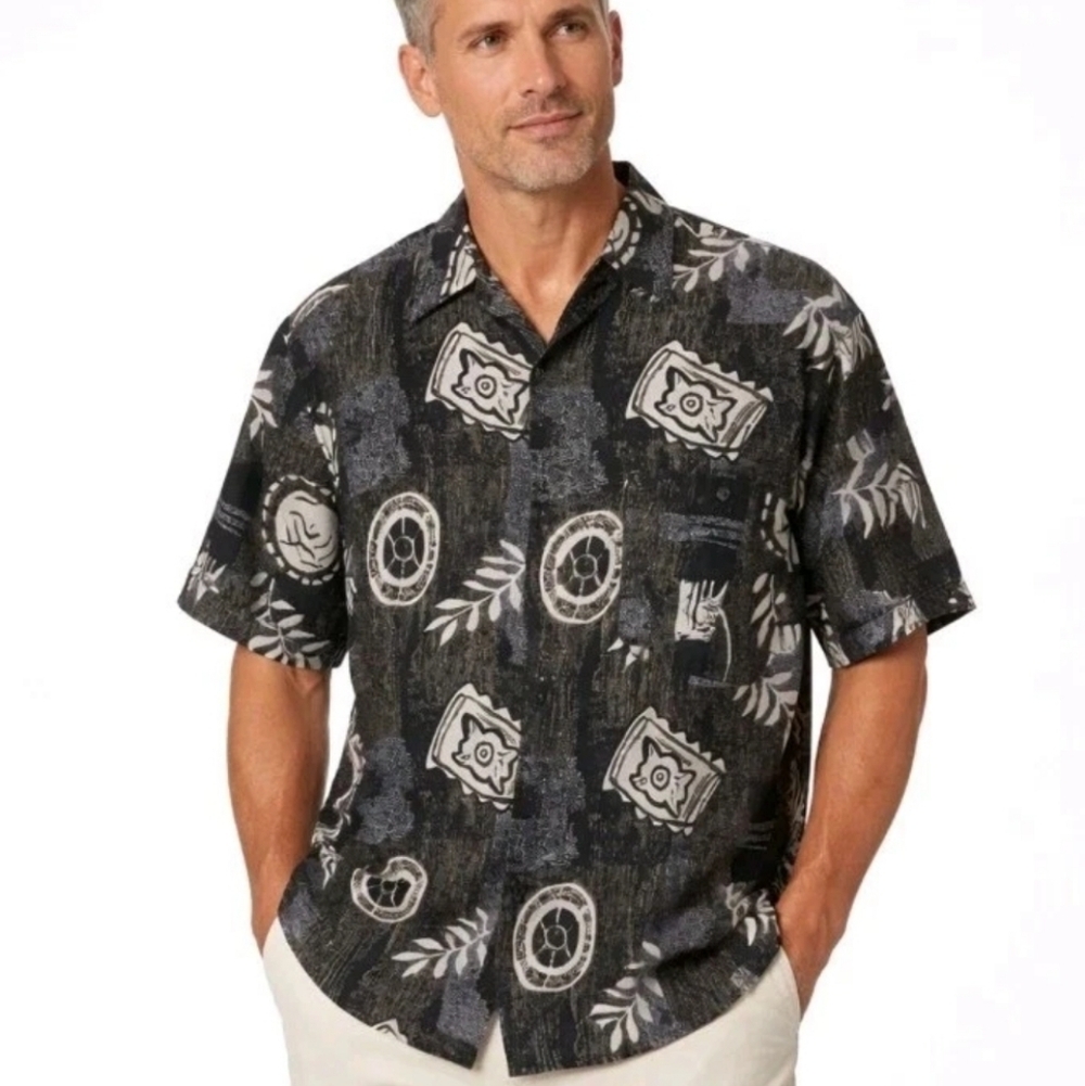 Vintage Summa 100% Silk Hawaiian Shirt Men’s Small Black Abstract Leaf Print